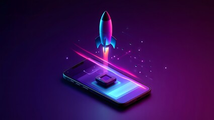 Rocket launch from phone screen concept of startup mobile app development and business growth