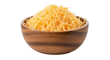 Isolated Shredded Cheese in Wooden Bowl