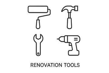 Line art of renovation tools: roller, hammer, wrench, drill
