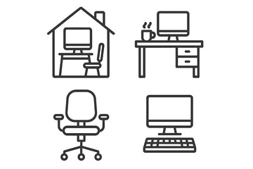 Home office setup: desk, chair, computer, keyboard icons for remote work