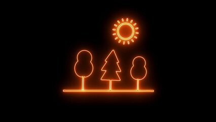 Orange Neon Line Art Landscape with Sun and Trees on Black Background nature