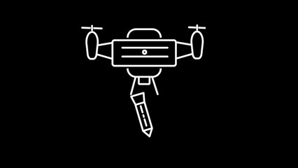 White line art drone releasing a pencil on a black background quadcopter aircraft