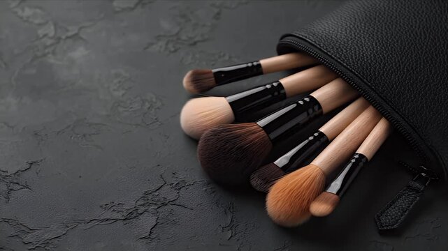 High Quality Professional Makeup Brush Set in Sleek Black Leather Case on Dark Textured Background Perfect for Beauty Enthusiasts and Cosmetic Applications