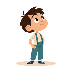 Happy Cartoon Boy Standing Proudly with Hands on Hips in Overalls