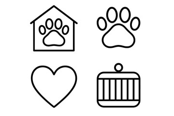 Pet icons: paw prints, heart, house, and cage symbols for animal care