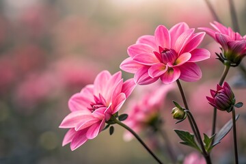 Obraz premium Delicate Pink Dahlia Flowers Blooming in a Soft Focus Garden Setting