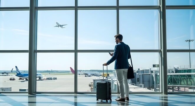 Black man with phone, airport window and plane taking off, checking flight schedule terminal for business trip. Technology, travel and businessman reading international travel restrictions app online - Powered by Adobe