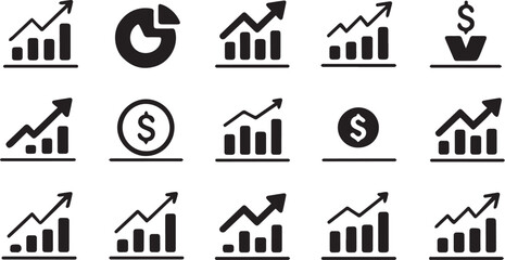Fototapeta premium Black business finance icons set – growth charts, dollar symbol, analytics, profit increase, investment, economic success, and performance