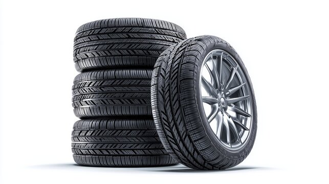 Four stacked tires showcasing modern tread design and craftsmanship in a studio setting under bright lighting for optimal visual impact