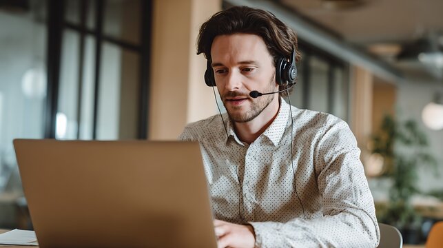 Man with headset working on a laptop He's in a bright office possibly on a call or attending a virtual meeting Modern workspace