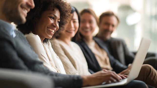 Diverse colleagues collaborating on a laptop smiling and sharing ideas in a relaxed office setting fostering a positive work environment