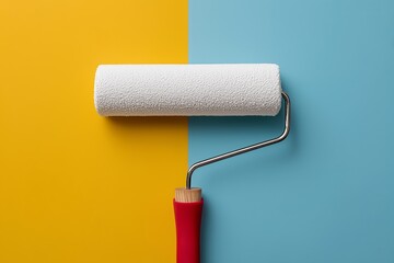 Obraz premium Brightly colored wall with half yellow and half blue paint, showcasing a paint roller ready for use in a home improvement project