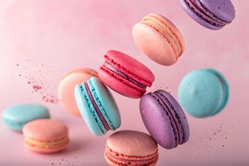 Obraz premium Colorful macarons in various shades floating on pink background with sugar dust