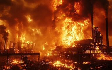 Fototapeta premium Fiery Industrial Inferno at Night