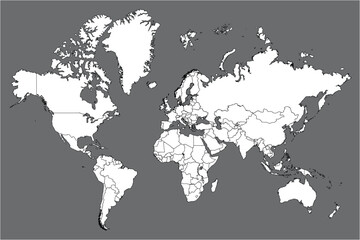 High resolution grey map of the world split into individual countries. High detail world map © Haris