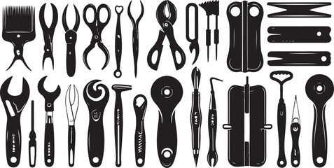 Collection of Black and White Tool Silhouettes for Craftsmen and Technicians Featuring Vintage and Modern Designs of Various Utilitarian Instruments