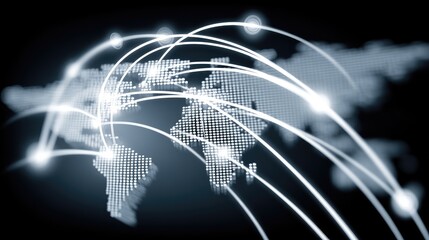 Global network connections depicted as glowing lines and dots on a world map, creating a dynamic and futuristic illustration.