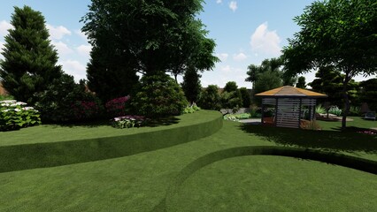 3d image of the landscape design of the home territory. Landscaping of the territory. Computer visualization of composite landscaping and landscaping solutions.
