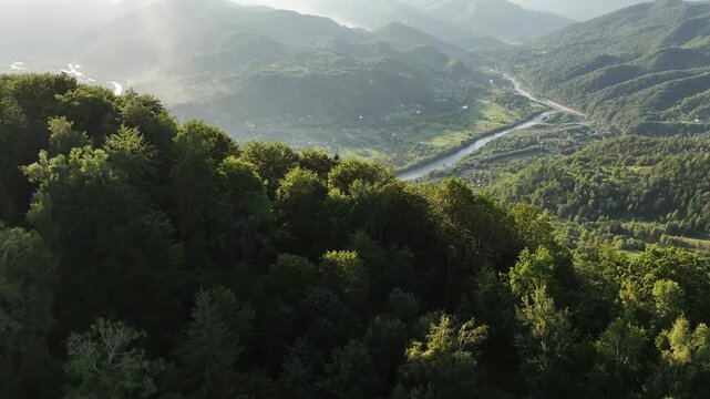 Flight over the summer mountains with mountain river serpentine, green meadows, village and forest. Ukraine, Carpathians