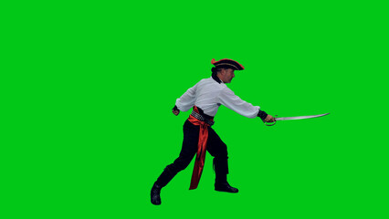 Fearless pirate launching a sword attack on green chroma key background