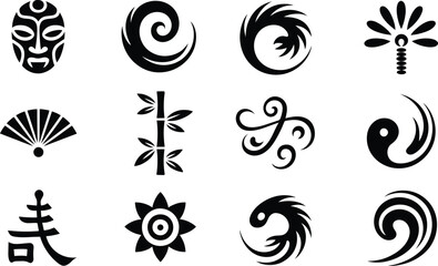 Collection of twelve stylized Asian-inspired black and white vector symbols.