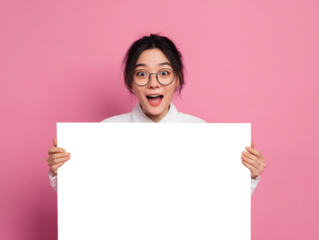 A cheerful young woman of Asian descent, her expression mirroring astonishment, poses against a vibrant pink backdrop, her hands outstretched to present a blank poster board.