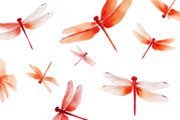 A pattern of stylized,  orange-red dragonflies,  painted in a watercolor style,  flying against a black background.  Each dragonfly has translucent wings and a slender body
