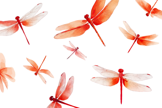 A pattern of stylized, orange-red dragonflies, painted in a watercolor style, flying against a black background. Each dragonfly has translucent wings and a slender body