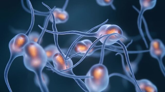Abstract Digital Render of Glowing Neural Cells With Blue Background