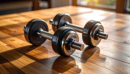 Two dumbbells on a wooden table in a sunny room