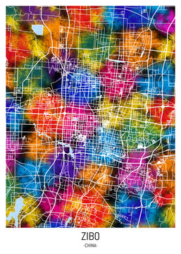 Zibo China City Map. Watercolor travel downtown, city modern painting, artistic creative art, conceptual fantasy contemporary, graphic digital artwork, concept abstract poster,