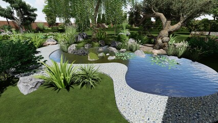 3d image of the landscape design of the home territory. Landscaping of the territory. Computer visualization of composite landscaping and landscaping solutions.