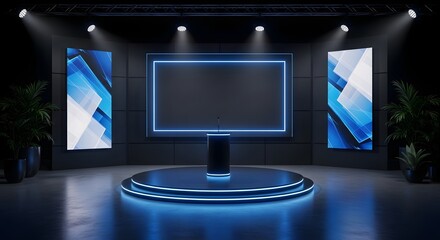 Futuristic stage with a podium and large screens, illuminated by blue neon lights, suitable for presentations, broadcasting, or events