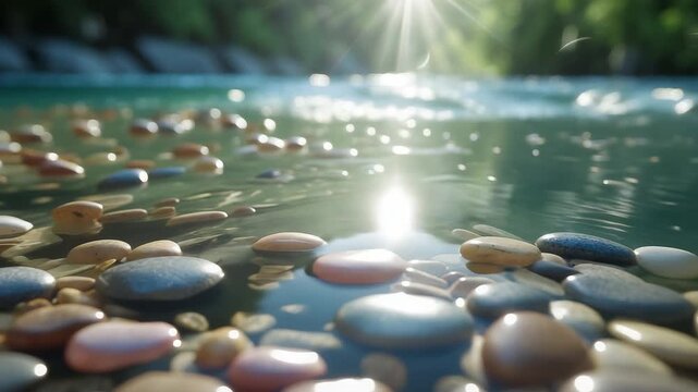 Close-up view of smooth colorful pebbles in shallow clear river water with sunlight reflections and green forest background in summer nature