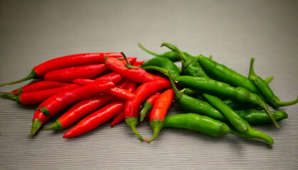 red chilies and green chilies on a wooden table