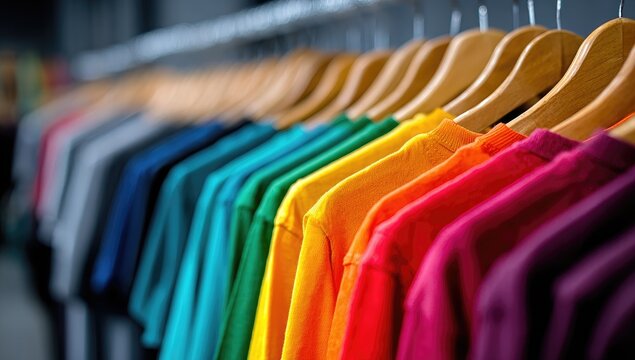 Colorful t-shirts on wooden hangers in a store