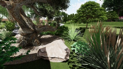 3d image of the landscape design of the home territory. Landscaping of the territory. Computer visualization of composite landscaping and landscaping solutions.