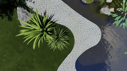 3d image of the landscape design of the home territory. Landscaping of the territory. Computer visualization of composite landscaping and landscaping solutions.