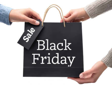 Hands exchange a black Friday shopping bag with a sale tag isolated on transparent background