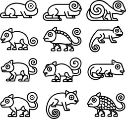 Minimalist Chameleon Line Art Grid. Set of Stylized Chameleon Vector Illustrations. Simple Lizard Clipart Collection.
