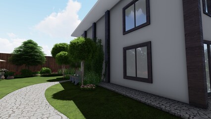 3d image of the landscape design of the home territory. Landscaping of the territory. Computer visualization of composite landscaping and landscaping solutions.