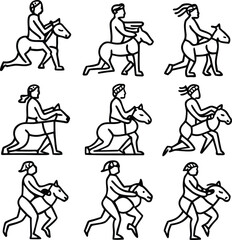 Medieval Equestrian Silhouette Vector Grid. Knight on Horseback Line Art Collection. Dynamic Horse and Rider Illustrations.
