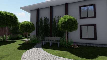 3d image of the landscape design of the home territory. Landscaping of the territory. Computer visualization of composite landscaping and landscaping solutions.