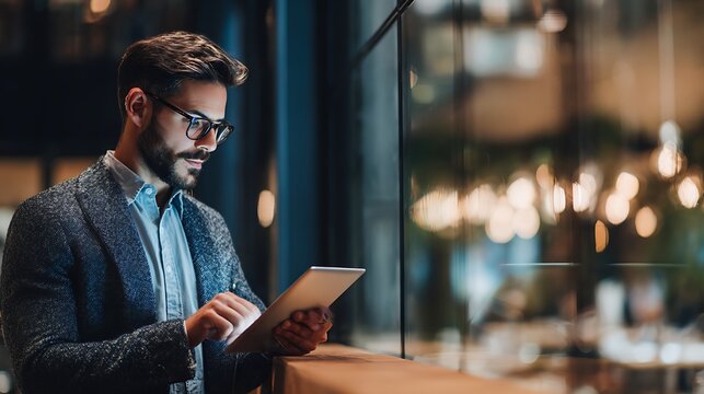 Professional using tablet at night Modern businessman with beard and glasses working late Technology and entrepreneurship concepts