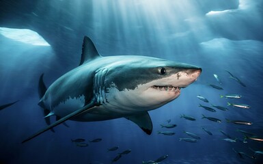 Naklejka premium Great White Shark Swimming Gracefully Beneath Sunlit Ocean Waters