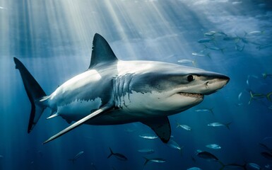 Fototapeta premium Great White Shark Swimming Gracefully Beneath Sunlit Ocean Waters