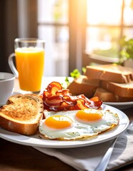Fototapeta premium Sunny breakfast platter with eggs, bacon, toast, and juice