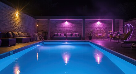 Night pool scene with neon lighting highlighting a patio with seating and a brick wall. Calm water reflects the lights