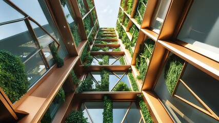 Modern eco-friendly building facade with vertical greenery and reflective glass windows viewed from below under bright clear sky - Powered by Adobe