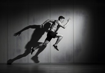 Athletic man sprinter running on a dark wall background. Running exercise. Runner sprinting against a concrete wall in the garage